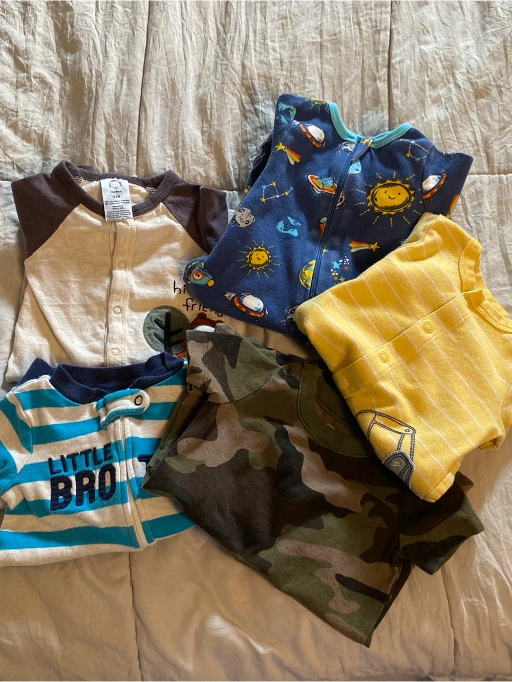 5 piece Assorted Baby Rompers - Camo, Yellow, Striped & Space Prints